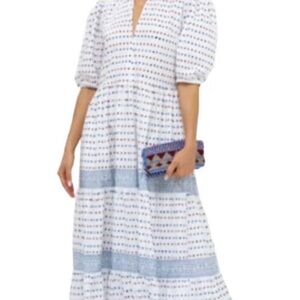 Oliphant puff sleeve dress size small cranberry red, blue and white, cotton, NWT